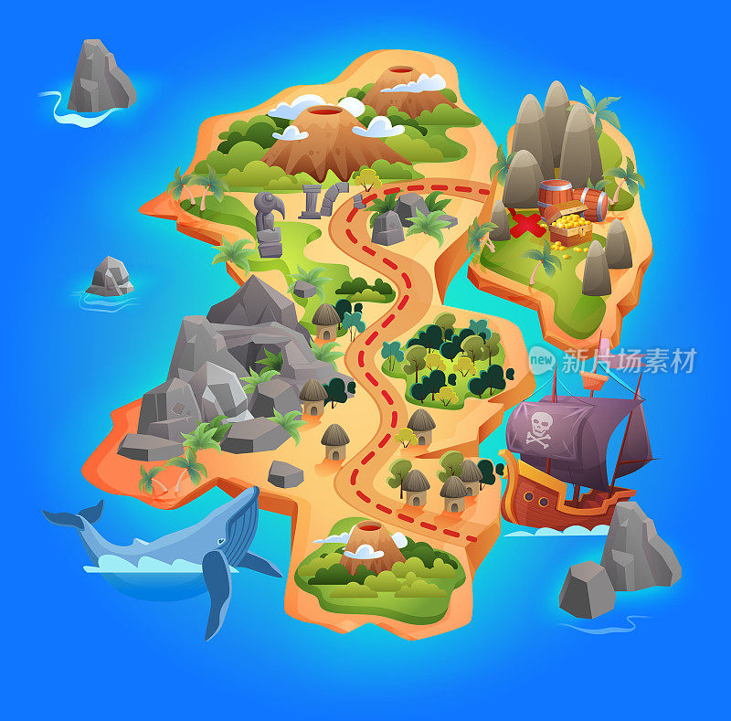 Treasure game map, cartoon tropical island map showing road direction to pirate gold treasure
